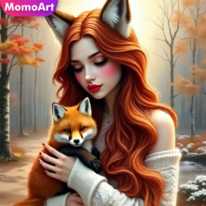 momoart full square round diamond painting woman portrait embroidery fox suitable for beginners mosaic cartoon home decor