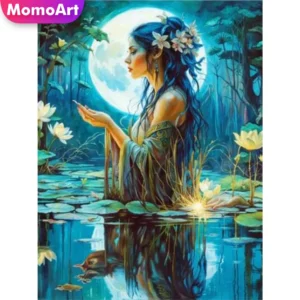 momoart woman diamond painting portrait new arrival mosaic moon full square round flower lotus embroidery lake handmade hobby