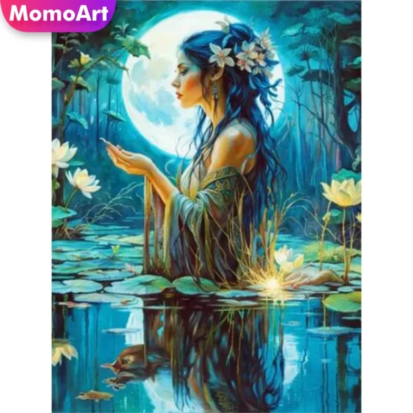momoart woman diamond painting portrait new arrival mosaic moon full square round flower lotus embroidery lake handmade hobby