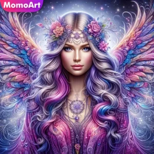 momoart new arrival diamond painting woman portrait full square round mosaic wing picture rhinestones wall decor