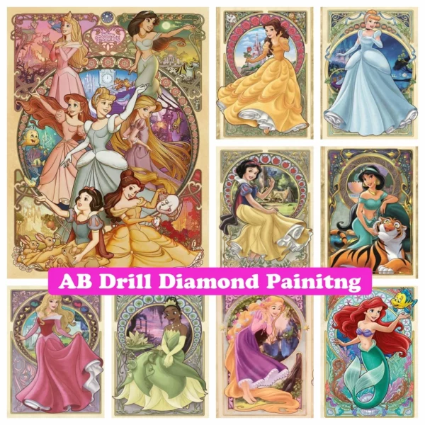 11 piece/cavas collection disney princess cartoon 5d ab diamond painting full square round embroidery cross stitch mosaic handicraft home decor kids gift