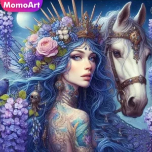 momoart woman diamond painting portrait full square round diamond mosaic horse animal needlework embroidery handcraft