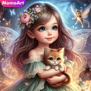 momoart new arrival diamond painting girl portrait spirit full square round diy embroidery cat mosaic cartoon wall art
