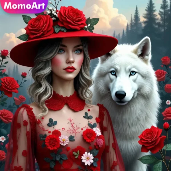 momoart diy diamond painting woman portrait mosaic wolf acrylic craft supplies embroidery dog decor for home