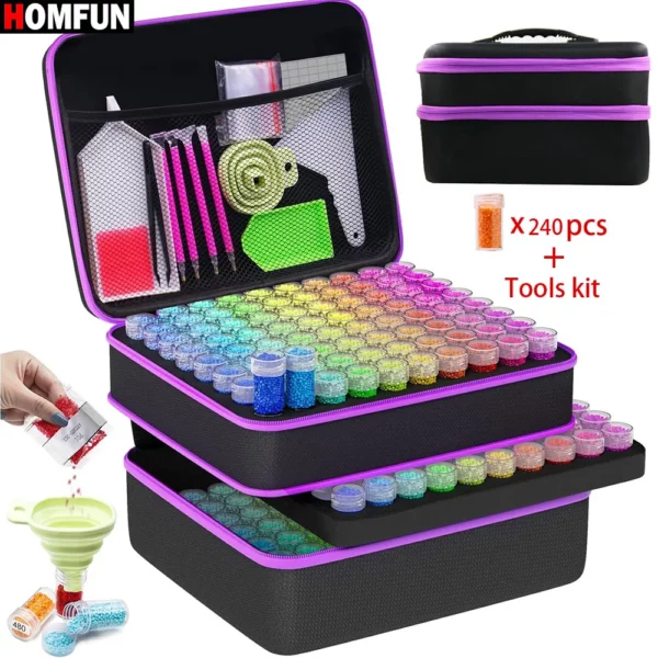 homfun 60/120/240 grids diamond painting bead storage boxes large capacity set with accessories mosaic container bag tool kit