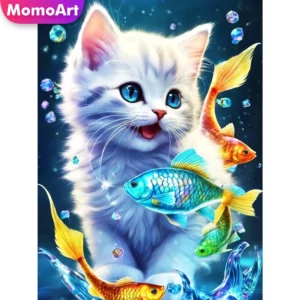 momoart new arrival diamond embroidery cat animal 5d diy painting fish cross stitch set mosaic wall decoration